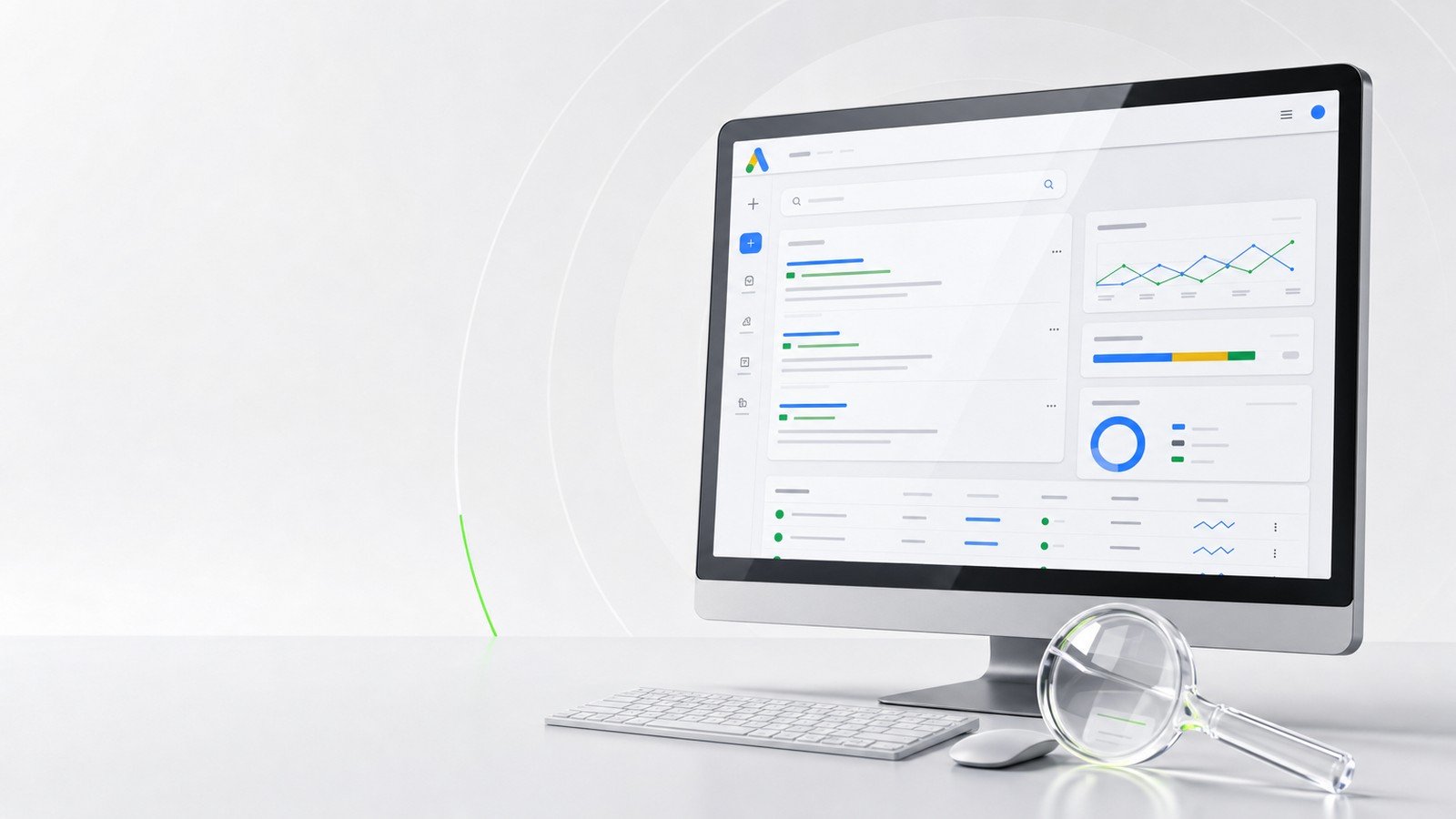 Monitor com interface de busca e campanha Google Ads, acompanhado de lupa de vidro