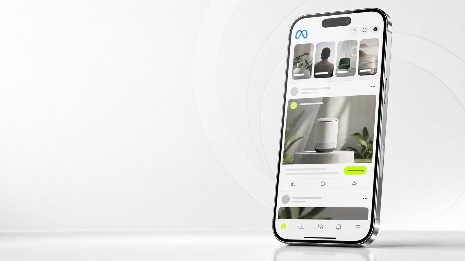 Smartphone exibindo feed de descoberta social com marca Meta integrada à interface